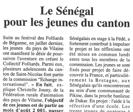 Article Le Sénégal pour les jeunes du canton